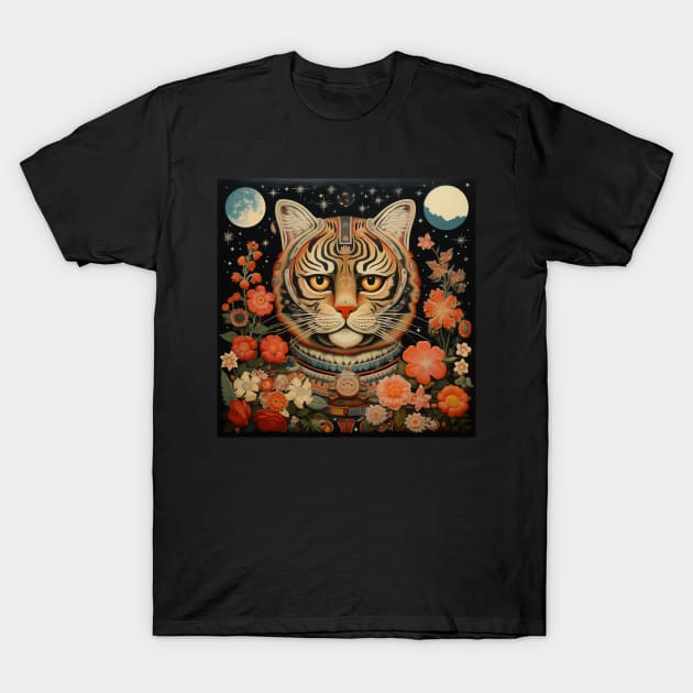 Surrealistic Folk Art Dark Floral Motif Tiger Design T-Shirt by The Little Store Of Magic